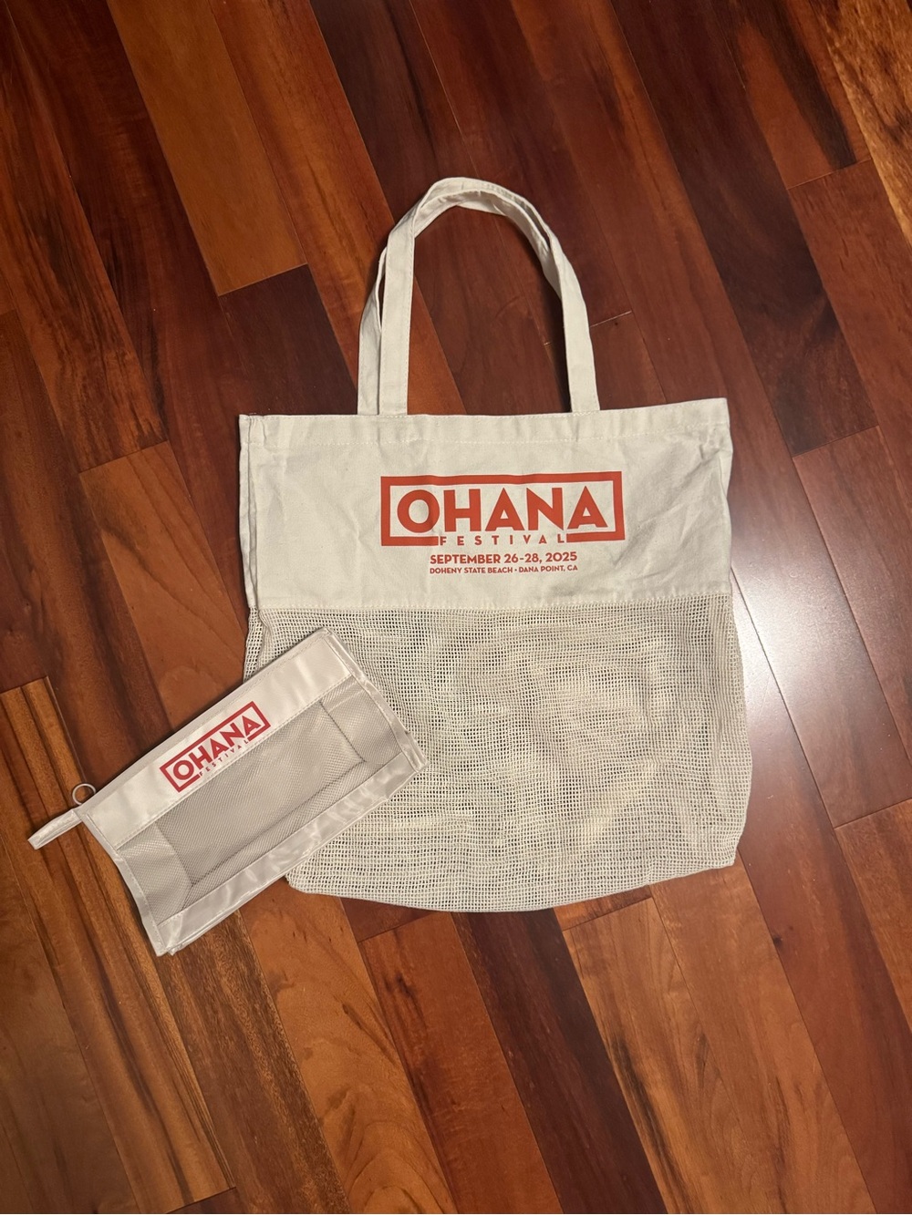 OHANA Festival Mesh Tote Bag in Natural with Orange Logo